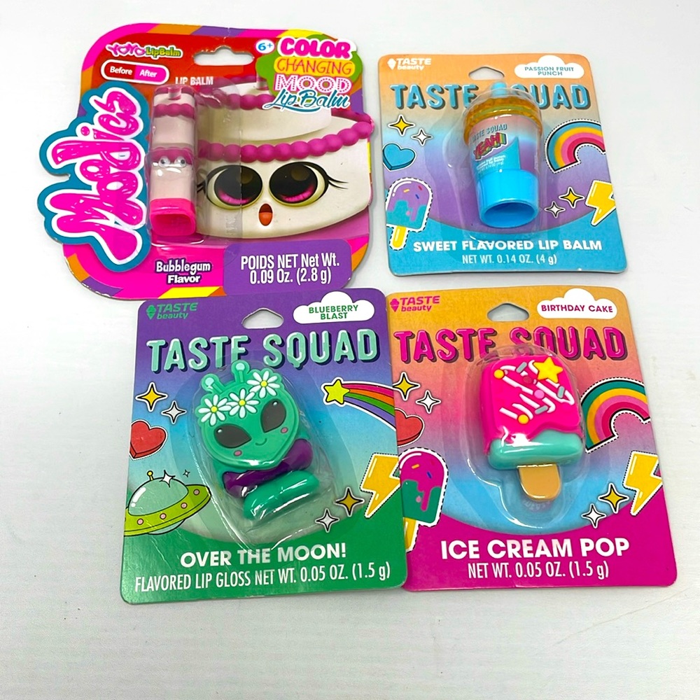 Flavored Lip Balm lot of 4 Taste Squad Fruit Punch Blueberry Birthday Cake